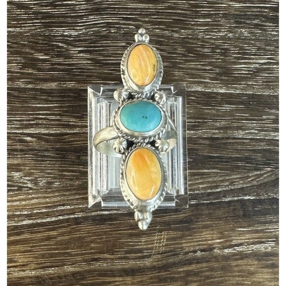 Handmade Jewelry - Southwest Sterling Silver Turquoise/Spiny Oyster 3 Stone Crawler Ring 9 Adj